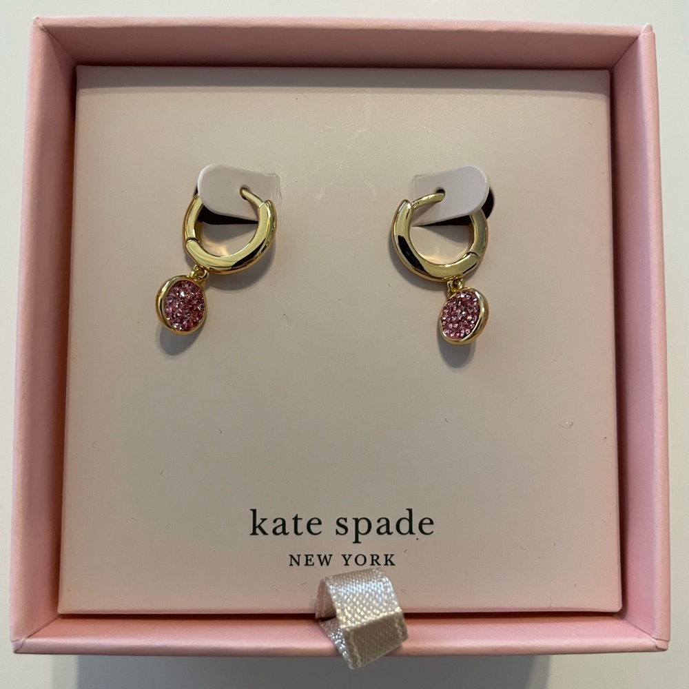 606. Kate Spade gold hoop pink dangle stone earrings NIB